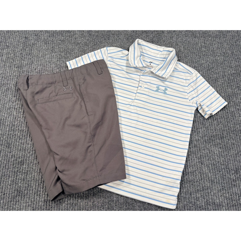 Under Armour Boys 6 Striped Polo Shirt and Gray Shorts 2 Piece Set Activewear